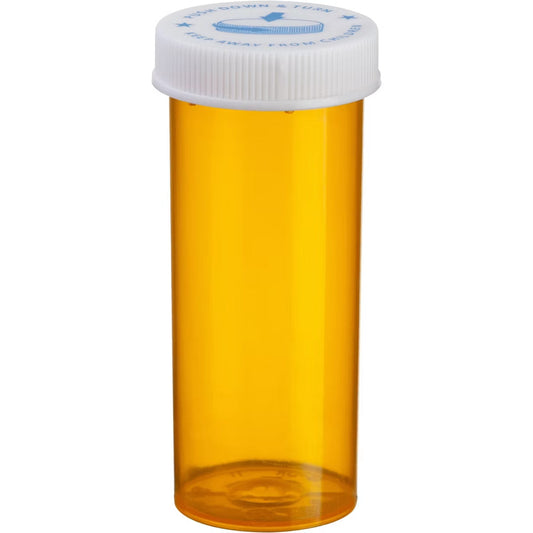 ColorSafe Amber prescription vial with 8 dram capacity and child-resistant cap, designed for secure medication storage.