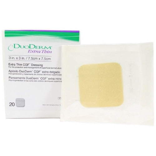 Convatec Duoderm Extra Thin hydrocolloid dressing, 3x3 inch sterile squares, packaged in a box of 20 medical supplies.
