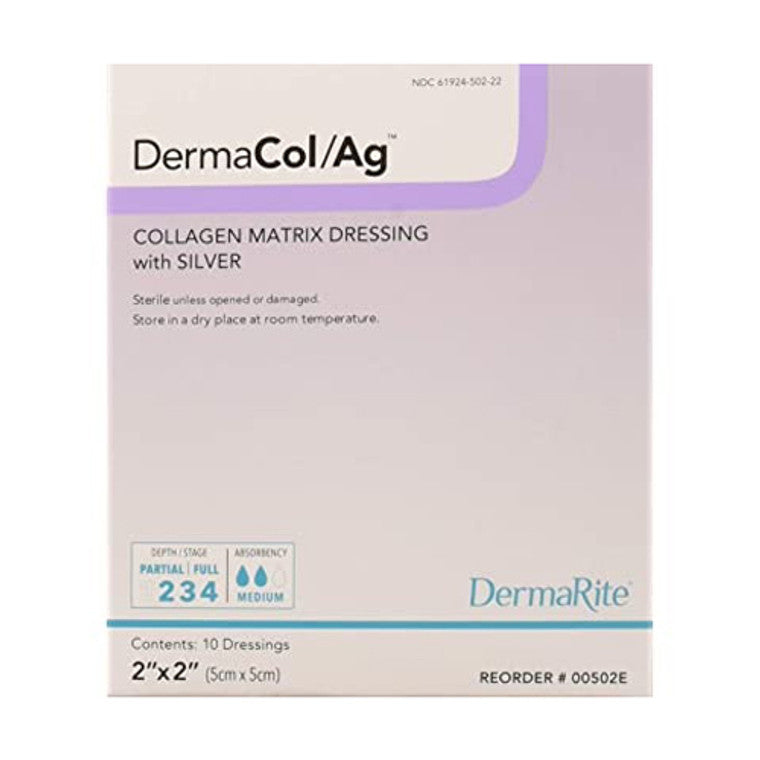 DermaRite DermaCol Ag collagen dressing with silver, 2x2 inch, medical wound care supply with antimicrobial silver for infection control.