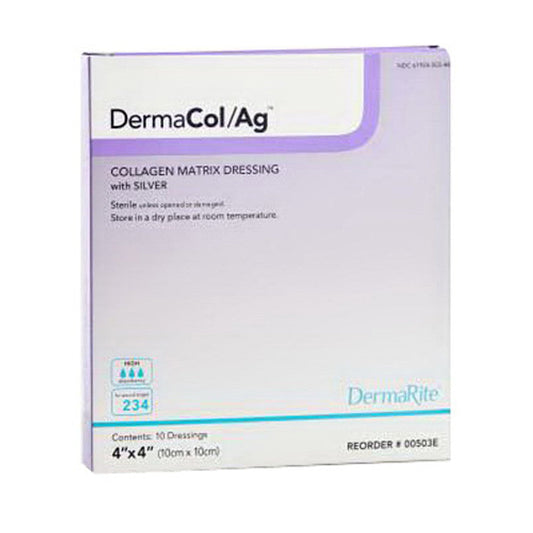 DermaRite DermaCol/Ag collagen wound dressing with silver, 4x4 inch, medical supplies in a box, designed for wound care.