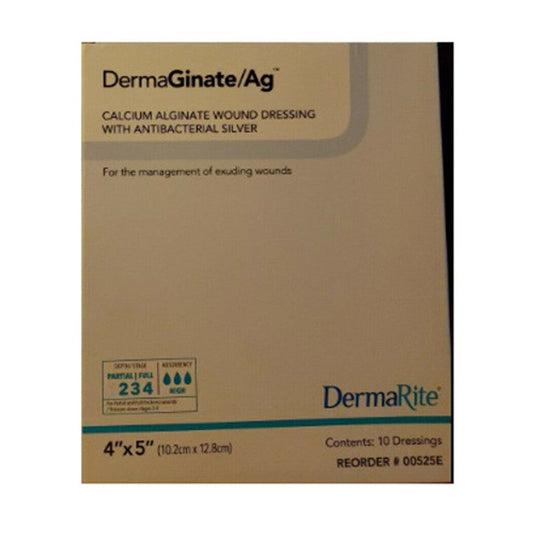 Dermarite DermaGinate Ag Alginate dressing with antibacterial silver, 4x5 inch, medical supply shown in a box of 10.