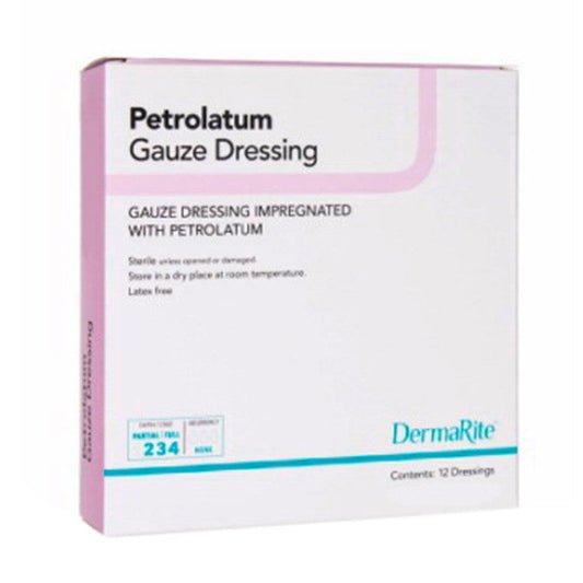 Sterile DermaRite Impregnated Gauze Dressing 3x9 inches with petrolatum, ideal for wound care, in a box of 50 from Pasteur Pharmacy.