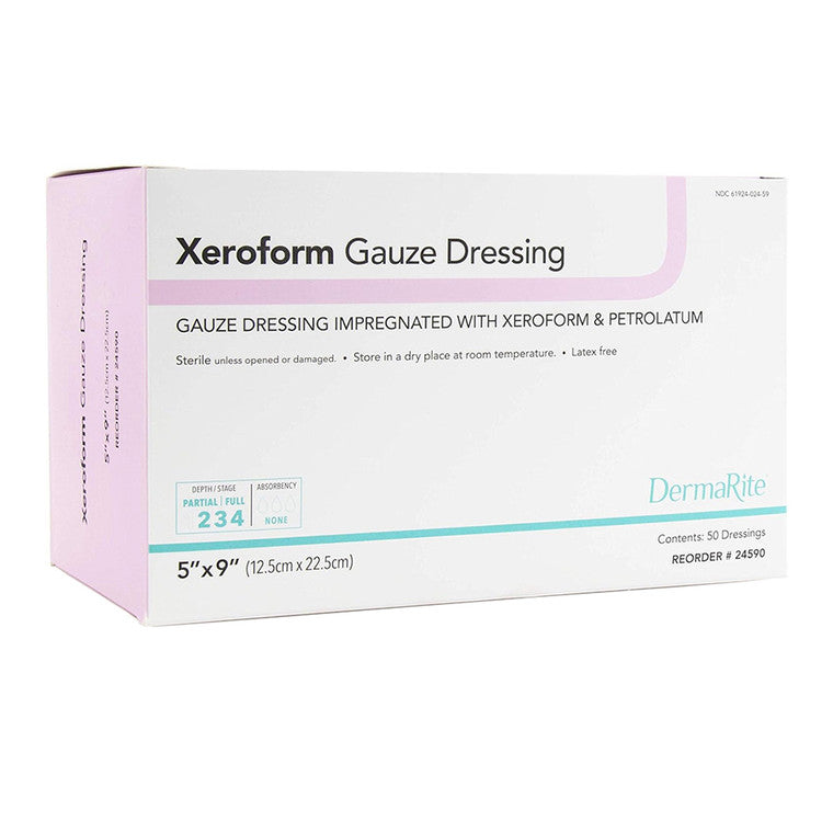 Dermarite Xeroform gauze dressing, 5x9 inches, sterile medical supplies by Pasteur Pharmacy, 50-count pack for wound care.