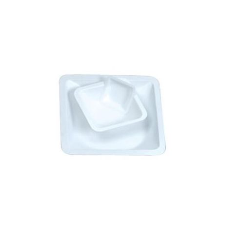 Disposable Polystyrene Weigh Boat in medium size, white, from Pasteur Pharmacy, shown in a pack of 500 for medical laboratory use.