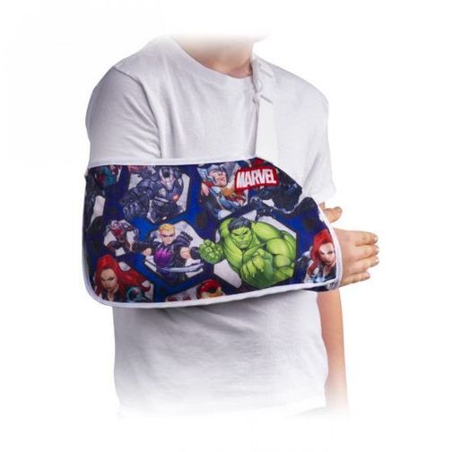 DonJoy Advantage Youth Arm Sling featuring Marvel logo, designed for medical support and comfort for young patients.
