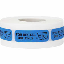Medical supplies safety label from Pasteur Pharmacy indicating "For Rectal Use Only" warning and caution.