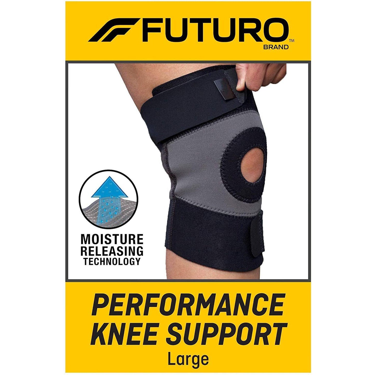 Large Futuro Sport Moisture Control Knee Support providing compression and support for knee pain relief.