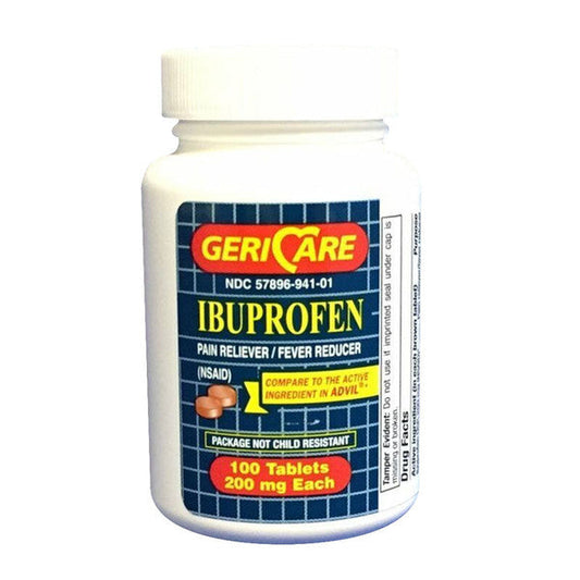 Geri-Care Ibuprofen coated tablets, 200 mg, medical supplies, showing a bottle of pain relief tablets by Pasteur Pharmacy.