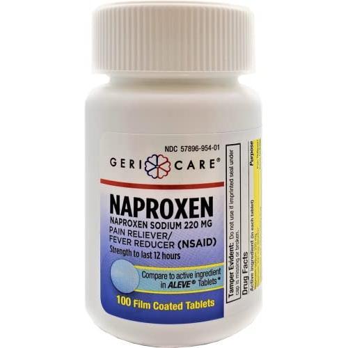 Gericare Pain Relief Naproxen Sodium bottles with 100 tablets, medical supplies for pain relief from Pasteur Pharmacy.