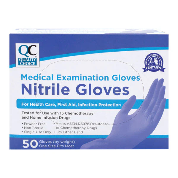Pair of latex-free nitrile exam gloves in a box, medical supplies by Pasteur Pharmacy, size OSFM, 50-count.