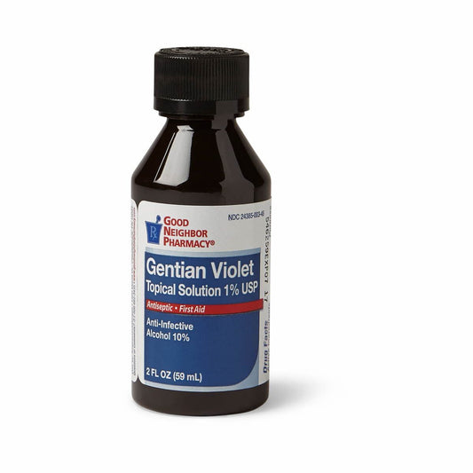 GNP Gentian Violet 1% Solution in a 2 oz bottle, used as a medical supply for antiseptic and disinfectant purposes.