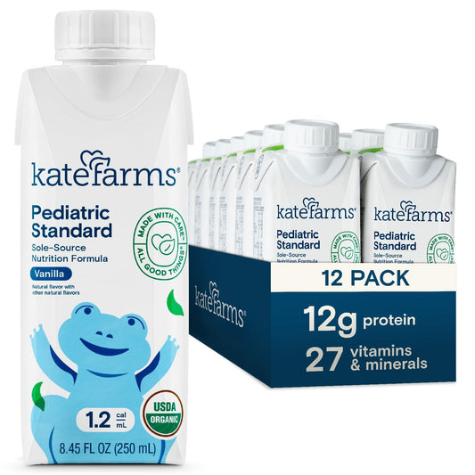 Kate Farms Pediatric Standard 1.2 Vanilla flavor medical formula in a bottle, designed for pediatric nutritional support.