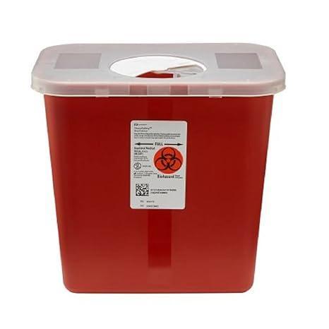 Red Kendall sharps container with hinged lid, 2-gallon capacity, designed for safe disposal of medical sharps and needles.
