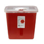 Red Kendall sharps container with hinged lid, 2-gallon capacity, designed for safe disposal of medical sharps and needles.