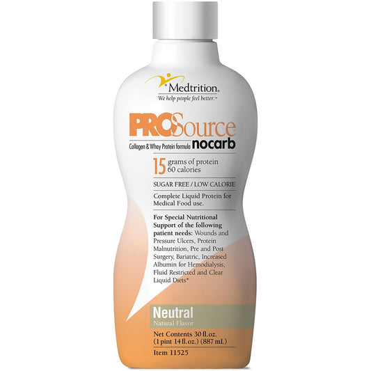 Medtrition ProSource NoCarb liquid collagen and whey protein in a medical supplement bottle, designed for health and wellness.