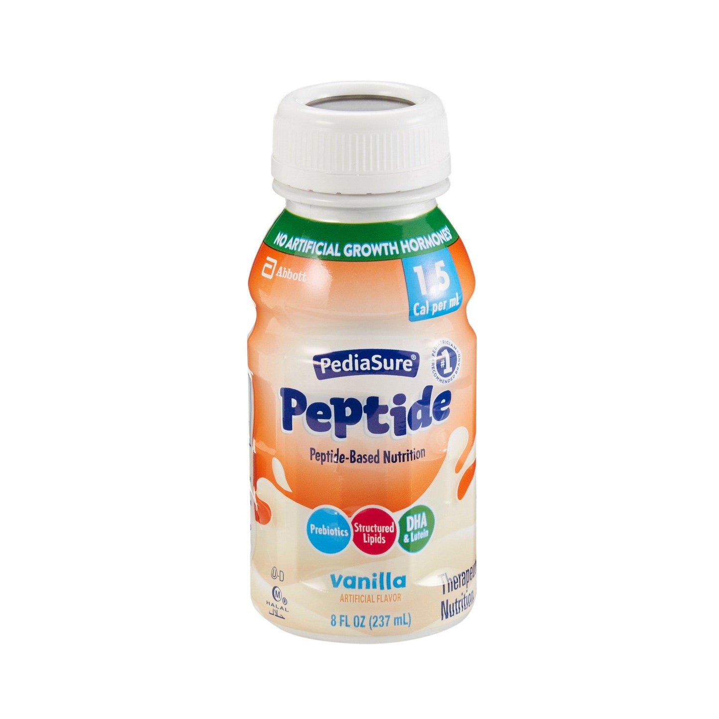 Pediasure Abbott Nutrition Peptide 1.5 Cal Vanilla 8 oz bottle, medical supplement for nutritional support, 24 bottles per case.