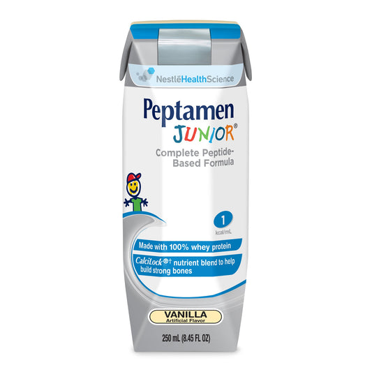 Nestle Peptamen Junior Vanilla medical nutrition can, 8-ounce size, designed for healthcare and dietary support.