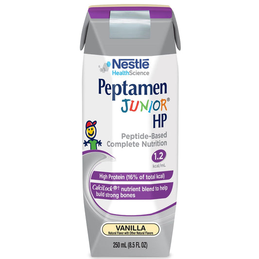 Peptamen Nestle Junior HP Vanilla Prism Drink in 8.45 oz bottle, part of a case of 24, medical nutrition product by Pasteur Pharmacy