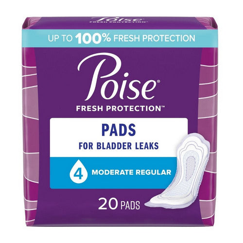 Poise Incontinence Pads Moderate Absorbency Regular, medical supplies by Pasteur Pharmacy, shown in unopened packaging.