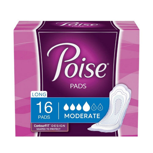 Poise Pads 16 pack, moderate absorbency, long length, medical supplies by Pasteur Pharmacy, shown in packaging.