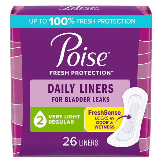 Poise Panty Liners with light absorbency, medical supplies from Pasteur Pharmacy, thin and discreet for daily comfort.