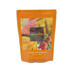 Pureed salmon blend from Real Food Blends, designed for medical use, shown in a medical supplies container.