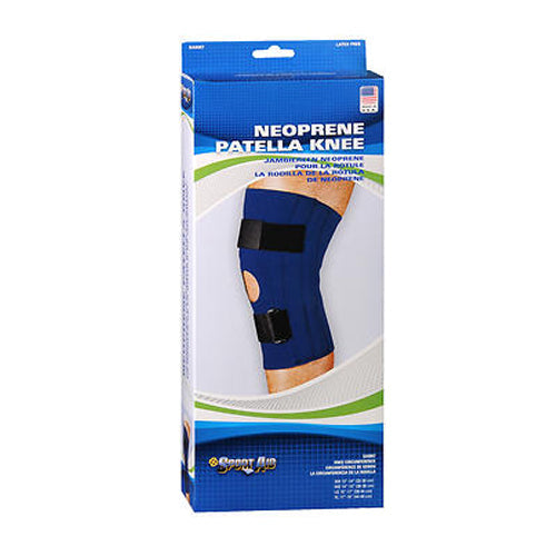Blue neoprene Scott Specialties Sportaid knee brace with open patella, large size fits 15-17 inches, medical supplies for knee support.
