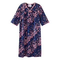 Silverts senior women's open-back knit printed nightgown with diagonal floral pattern, designed for adaptive medical use.