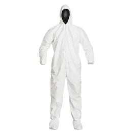 Sterile disposable medical coverall with hood in medium size, made by Pasteur Pharmacy, designed for protective healthcare use.
