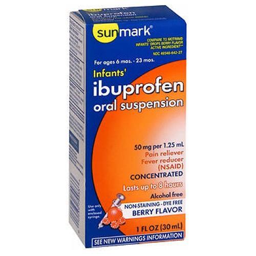 Sunmark Infants Ibuprofen Oral Suspension in Berry flavor, 1 oz bottle, a medical supply for infant pain relief and fever reduction.