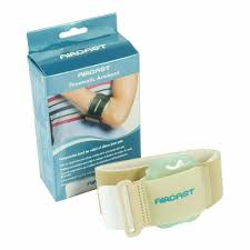 Black Aircast pneumatic arm and tennis elbow support strap by Sunstar Industries, designed for medical support and injury relief.