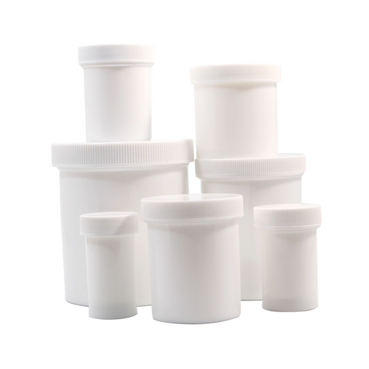 White 1 oz plastic ointment jar from Pasteur Pharmacy, used for medical supplies and ointment storage.
