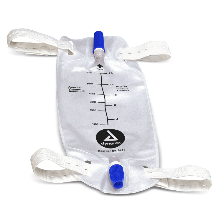 Medical supplies: Medium urinary leg bag with anti-reflex valve from Pasteur Pharmacy, shown with straps and tubing.