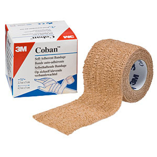 3M Coban Self-Adherent Wrap in tan, 4-inch by 5-yard medical tape used for securing bandages and compression dressing.
