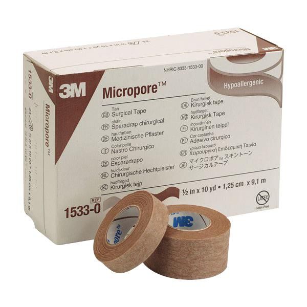 Tan 3M Micropore surgical paper tape, 2-inch wide, in a box of 6, used for medical bandaging and wound care.
