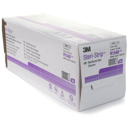 White 3M Steri-Strip adhesive skin closure tape by Pasteur Pharmacy, 1/8 inch wide and 3 inches long for medical wound closure.