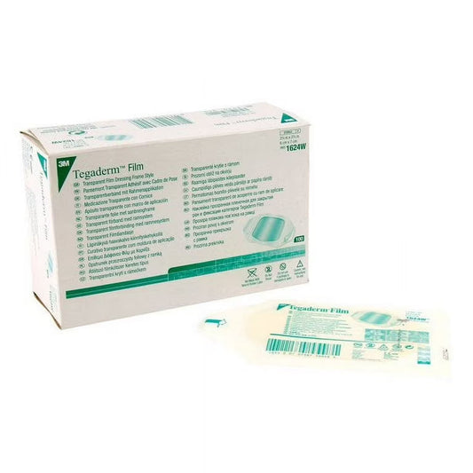 3M Tegaderm transparent film dressing on skin, 2-3/8" x 2-3/4", medical tape and bandages, Pasteur Pharmacy brand.