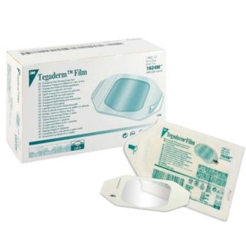 3M™ Tegaderm™ transparent film dressing on a medical tape and bandages background, 2 x 2.75 inches, 100-count pack.