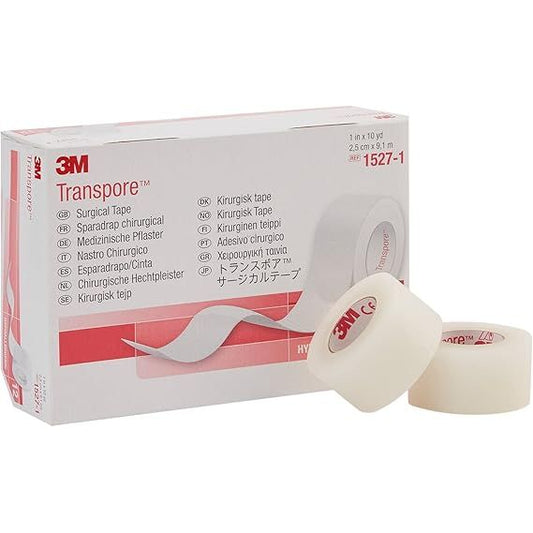 3M Transpore surgical tape in a box of 12 transparent 1-inch wide rolls, designed for medical bandaging and secure adhesion.
