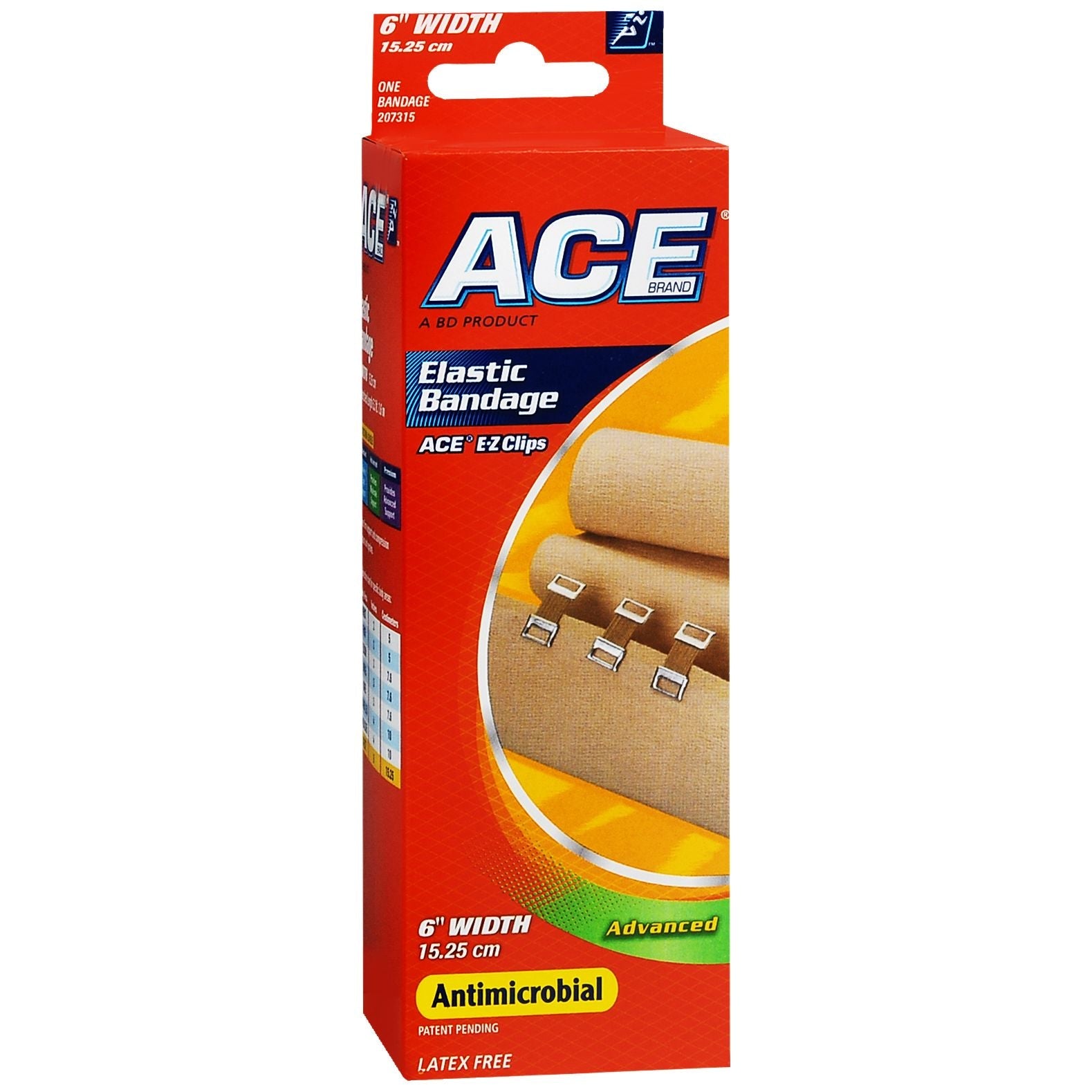 ACE 3M elastic bandage with clips, 6-inch wide, medical tape and bandages by Pasteur Pharmacy, shown rolled with clips attached.