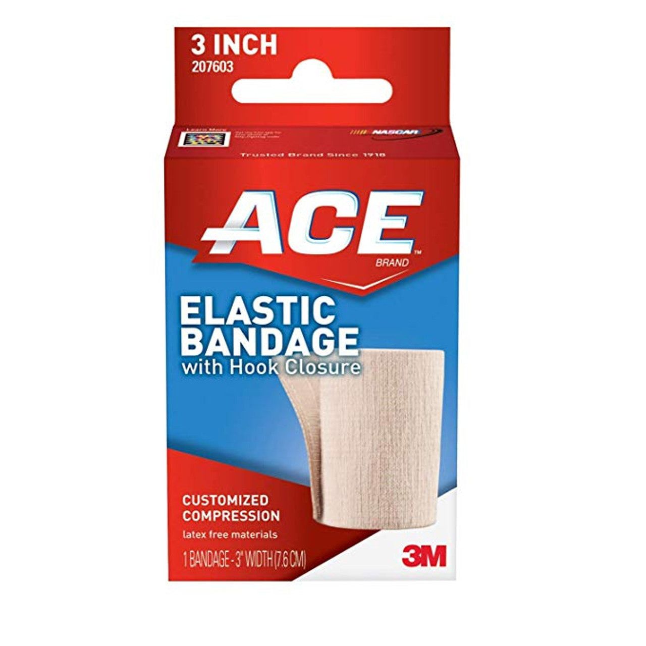 ACE elastic bandage with hook closure, 3-inch wide, medical tape and bandage from Pasteur Pharmacy, used for support and compression.
