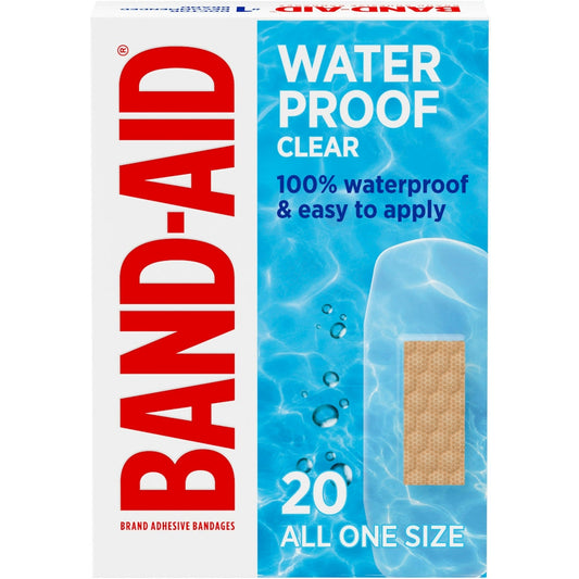 Pack of 20 waterproof Band-Aid Brand adhesive bandages in a single size, designed for wound protection and healing.
