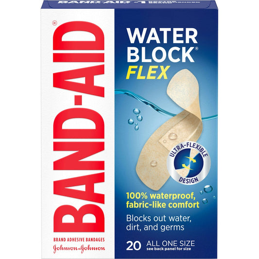 Band-Aid Brand Water Block Flex all-in-one adhesive bandages, flexible medical tape for wound protection, in assorted sizes