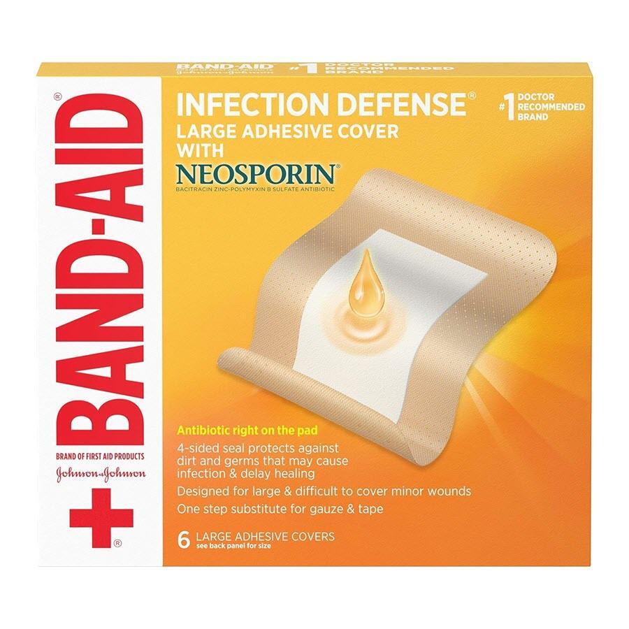 Large Band-Aid Infection Defense adhesive wound covers with Neosporin ointment, 6-count, for medical wound care from Pasteur Pharmacy.