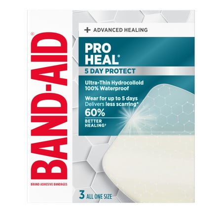 Package of three Band-Aid Pro Heal adhesive bandages from Pasteur Pharmacy, all in one size, suitable for wound care.
