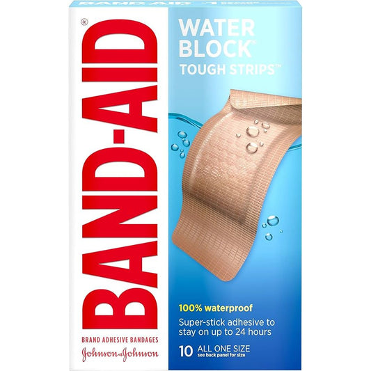 Pasteur Pharmacy Band-Aid Tough Strips adhesive bandages, 10 all-in-one size, with strong, durable medical tape for first aid.