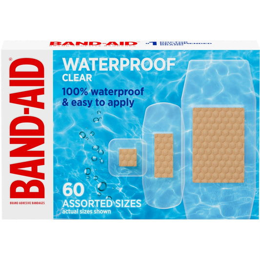 Clear waterproof Band-Aid adhesive bandages in assorted sizes from Pasteur Pharmacy, shown in a 60-count package.