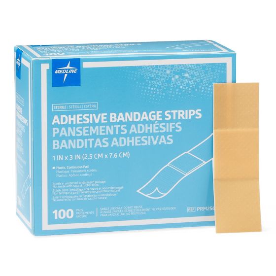 Sterile plastic adhesive bandages by Pasteur Pharmacy, 1 inch by 3 inches, shown in a box of 100 medical tape and bandages.