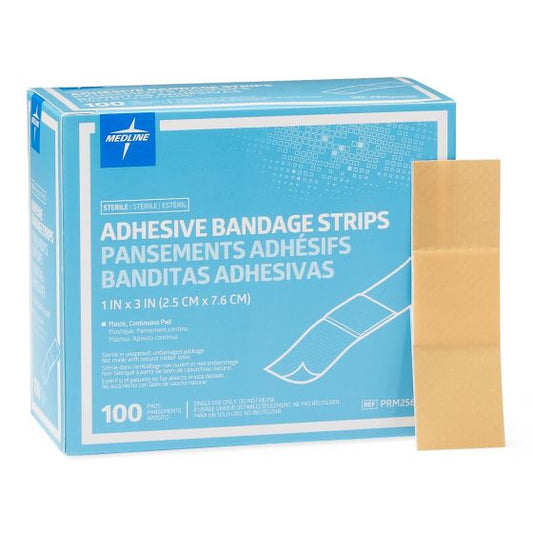 Sterile plastic adhesive bandages by Pasteur Pharmacy, 1 inch by 3 inches, shown in a box of 100 medical tape and bandages.