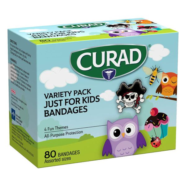 Curad Kids Bandages in assorted sizes from Pasteur Pharmacy, featuring colorful designs and flexible medical tape for minor cuts.